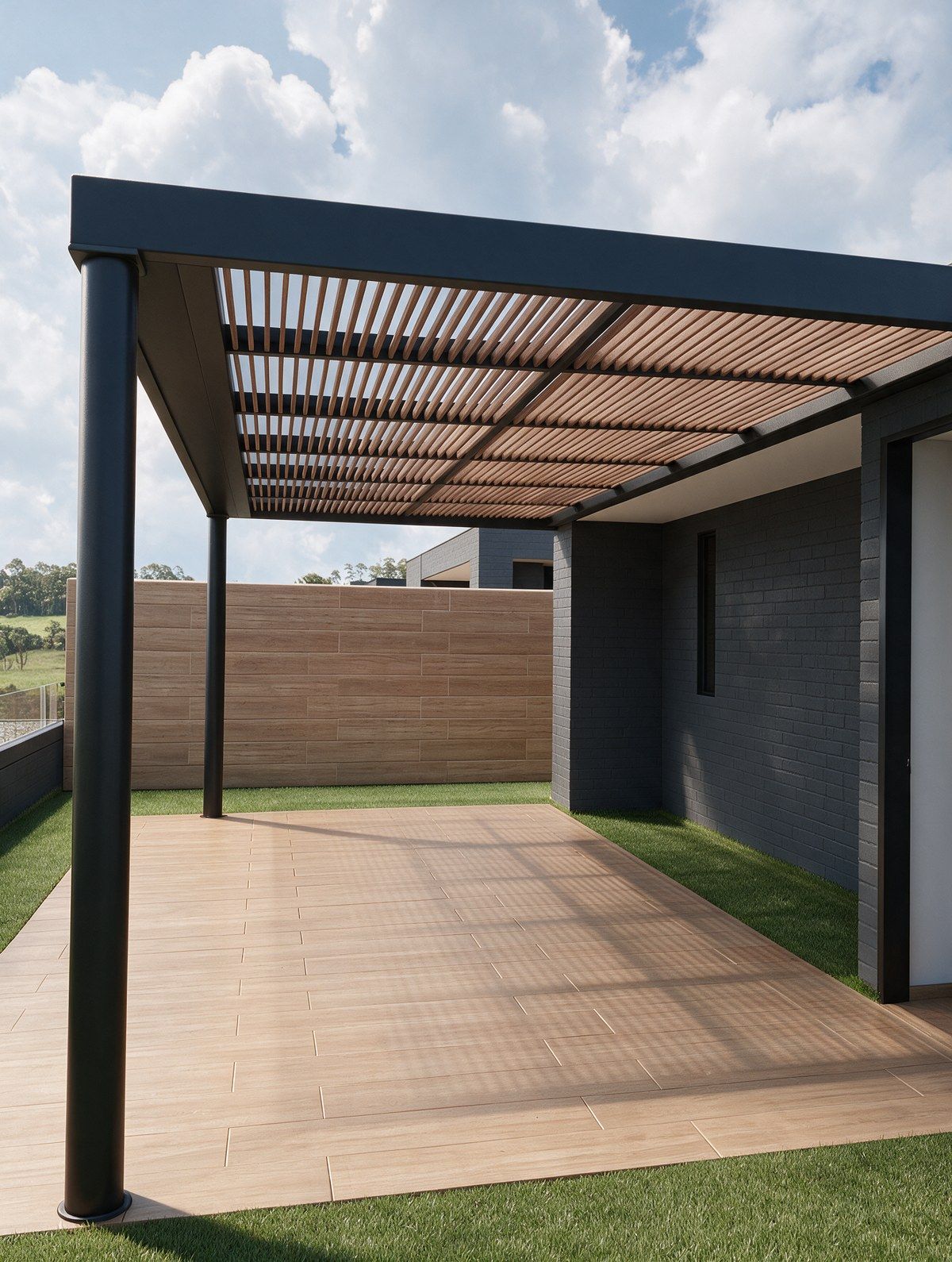 Render de diseño de la pérgola en terraza